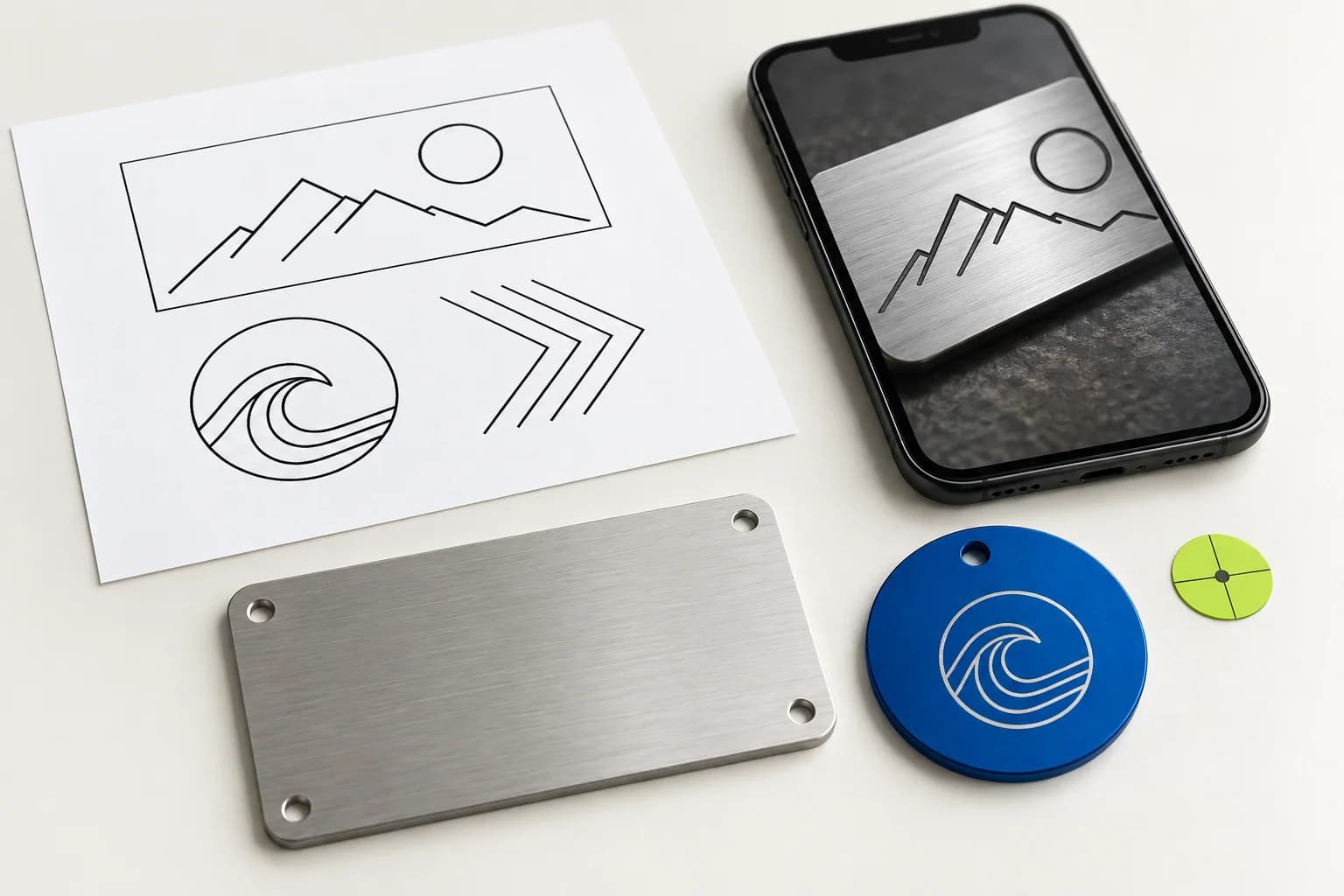 Artwork, a product photo and metal blanks prepared for the brief