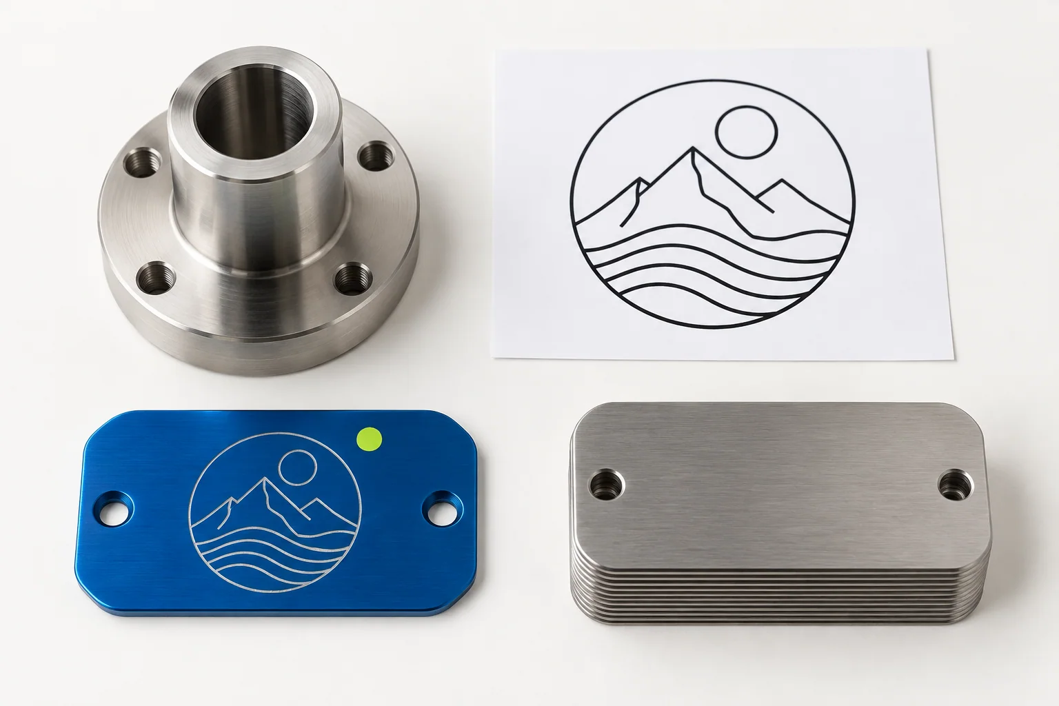 A product, artwork, marked area and a batch of metal parts