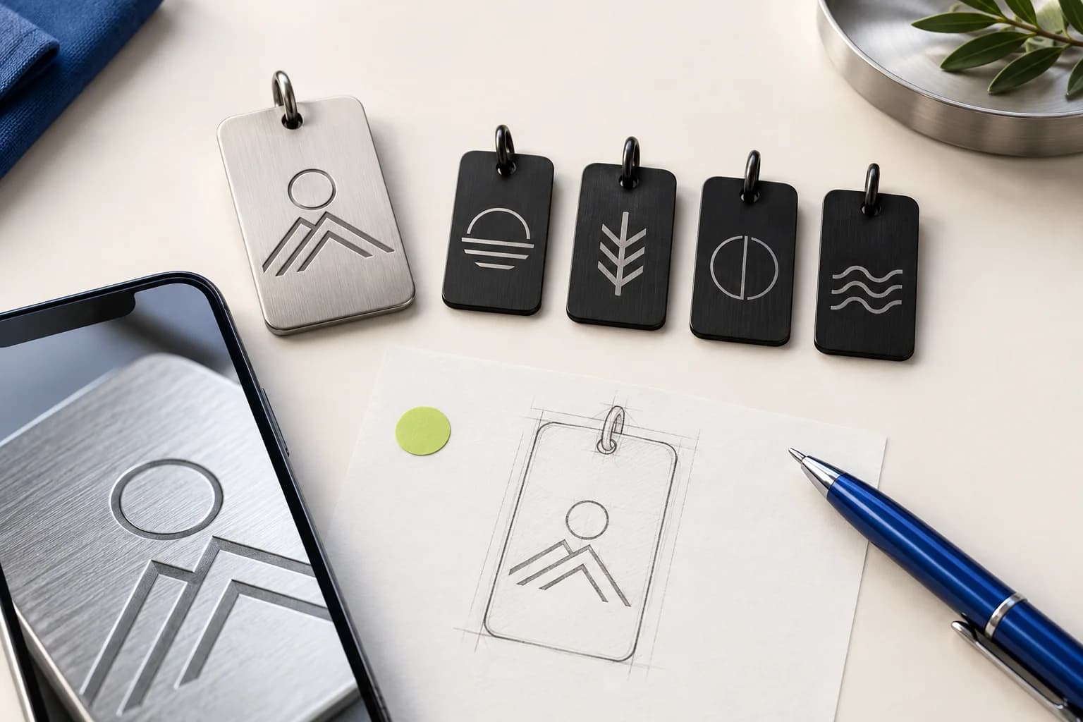 A product photo, sketch and a series of metal gift tags