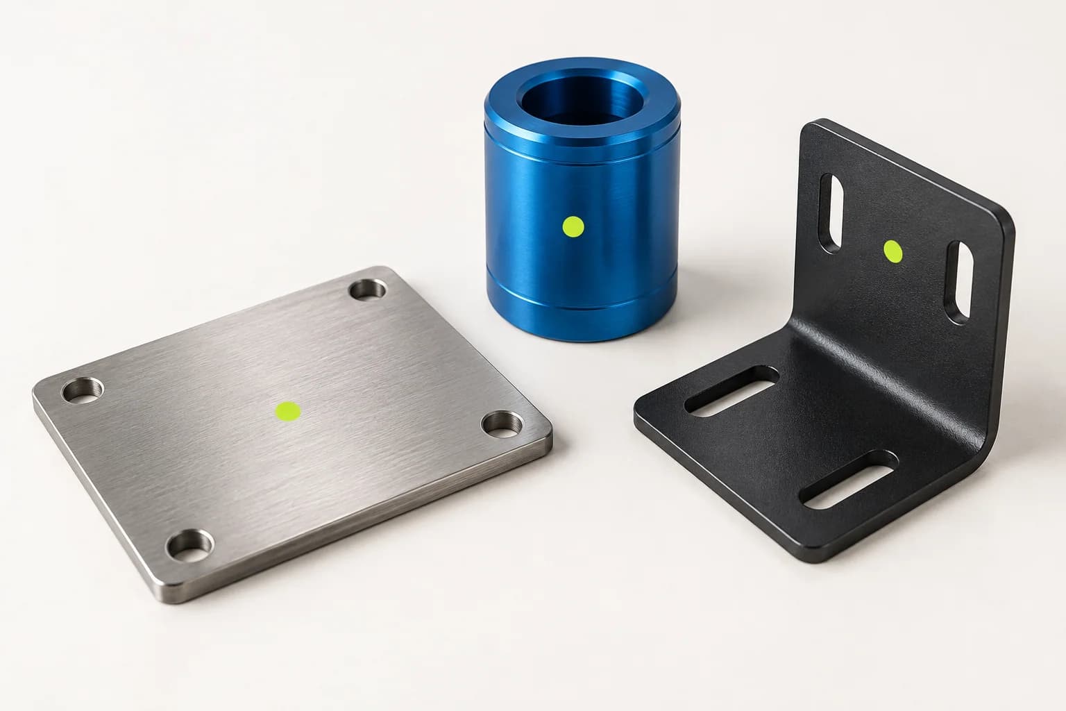 A flat plate, cylinder and angle bracket with marked areas