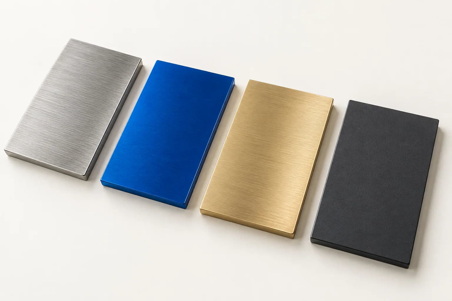 Samples of stainless steel, anodized aluminium, brass and painted steel
